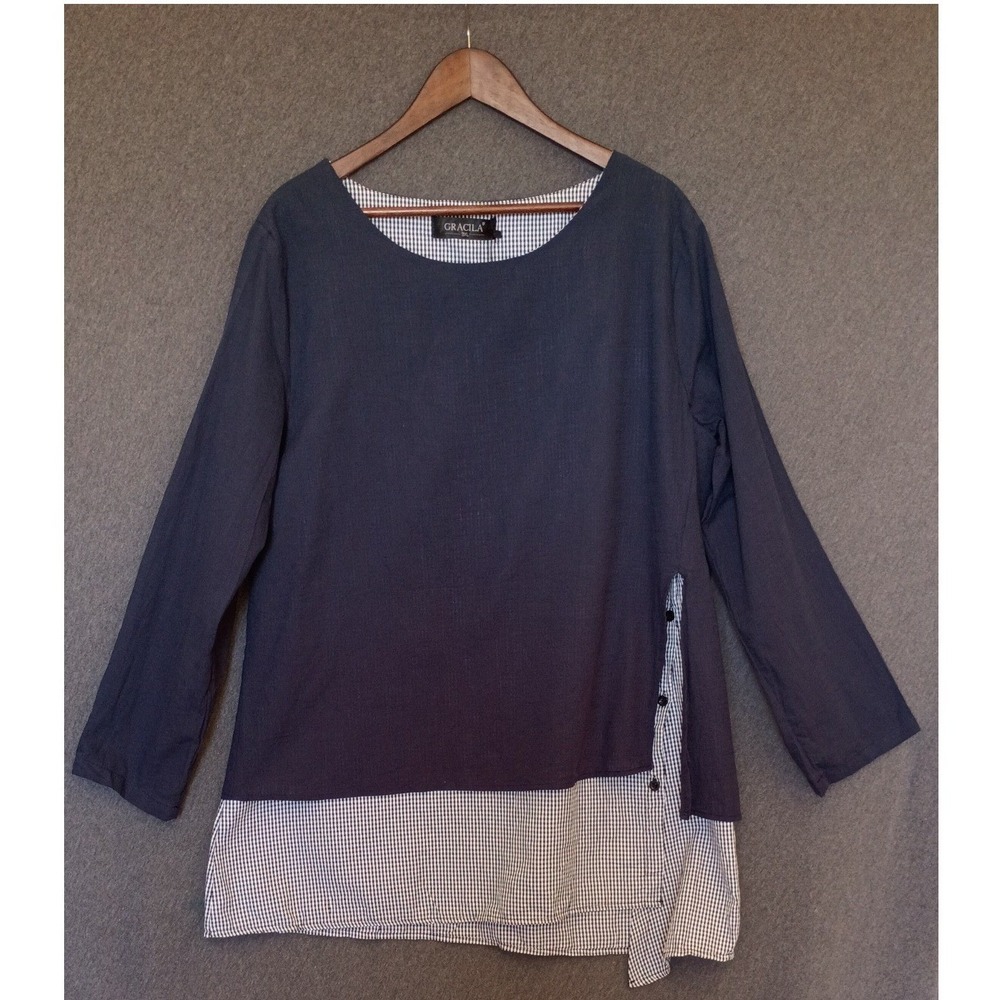 Navy Blue Gingham Overlay 100% CottonTunic Top Long Sleeve Button 3XL Lagenlook
